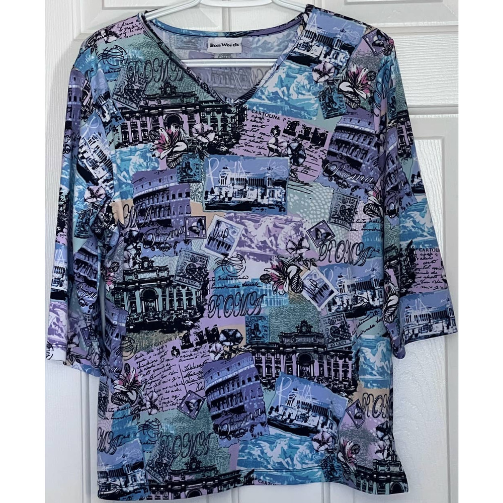 Bon Worth Women's Teal Purple Black V-Neck 3/4 Sleeve‎ Blouse Size SP
